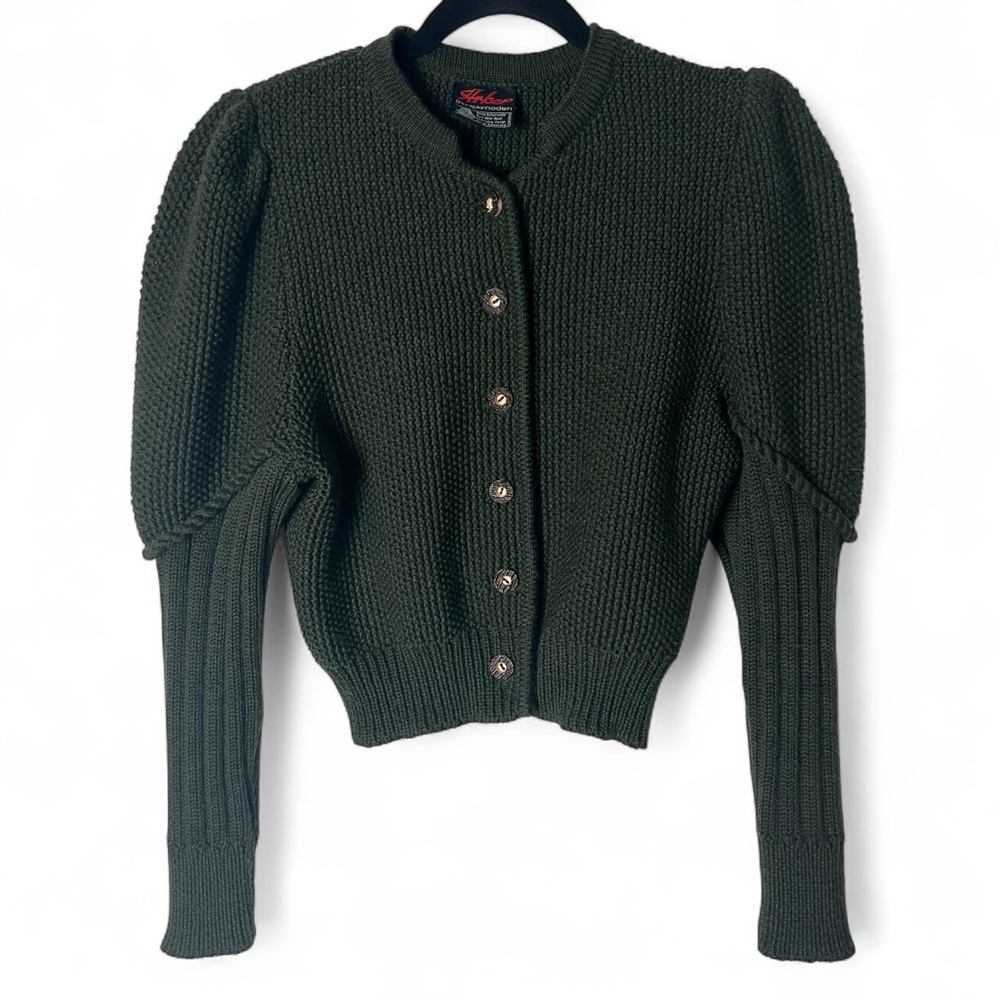 Vintage Arber Wool Cardigan Forest Green Puff Sleeve German Knit Sweater S-M